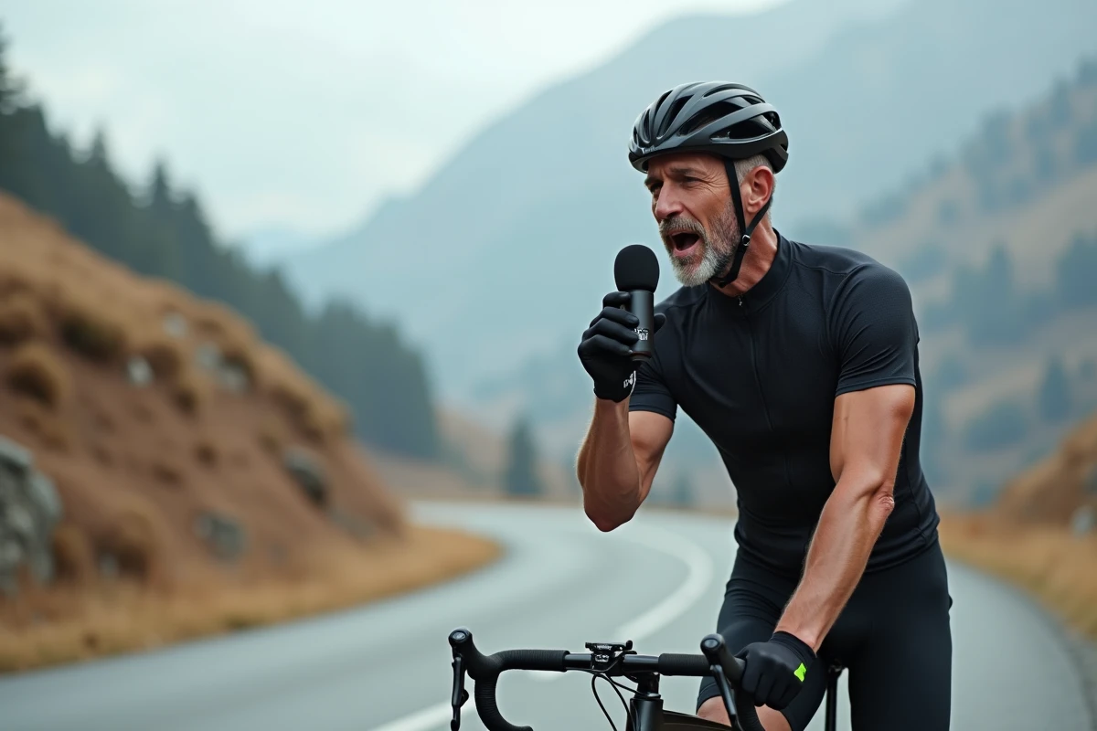 Cycliste enregistrant un podcast en extérieur sur une route de montagne avec microphone et vélo de course professionnel