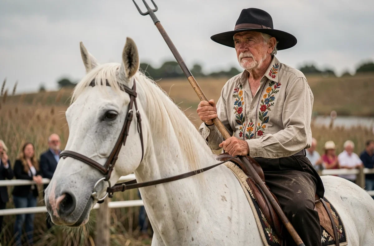 Portrait d'un gardian en costume traditionnel sur un cheval camargue blanc lors d'un événement de manade