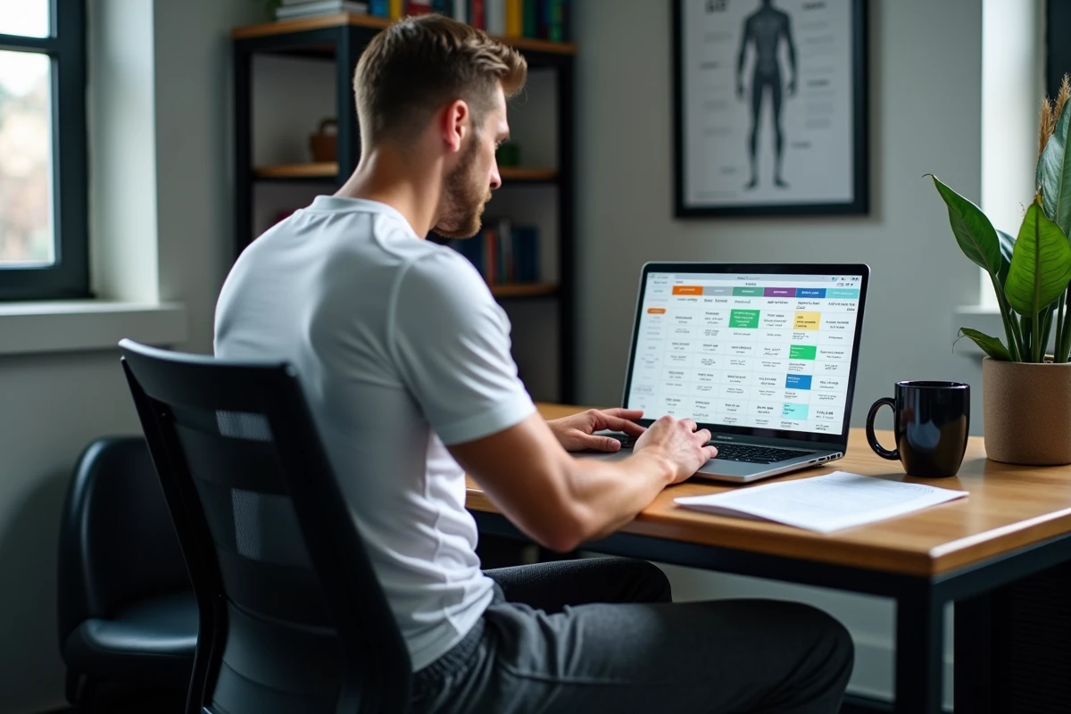 Préparateur physique organisant des séances d'entraînement sur ordinateur portable avec un calendrier de charge sportive