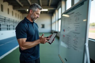 Préparateur physique consultant une application de planification sportive sur tablette dans un centre de performance moderne
