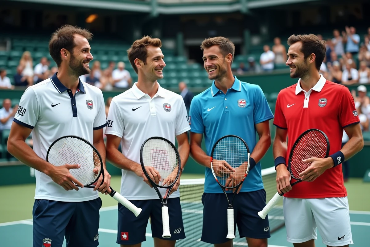 Quatre joueurs de tennis professionnels côte à côte au filet après un match, représentant les prétendants aux titres du Grand Chelem en 2026