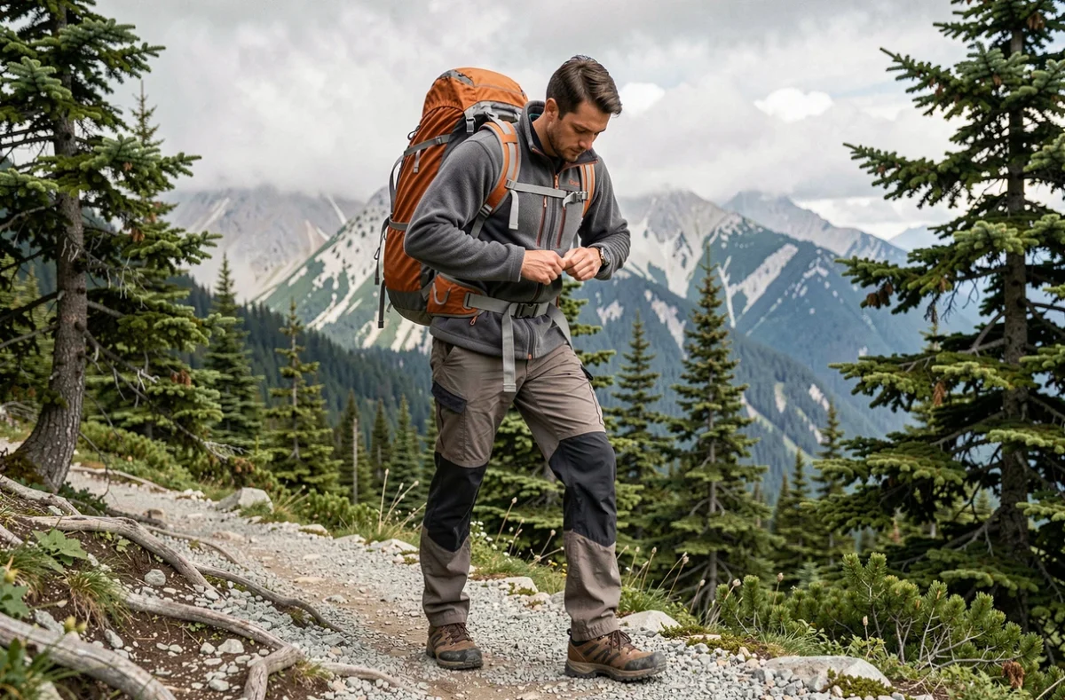 Randonneur ajustant la ceinture ventrale de son sac 70L sur un sentier de montagne