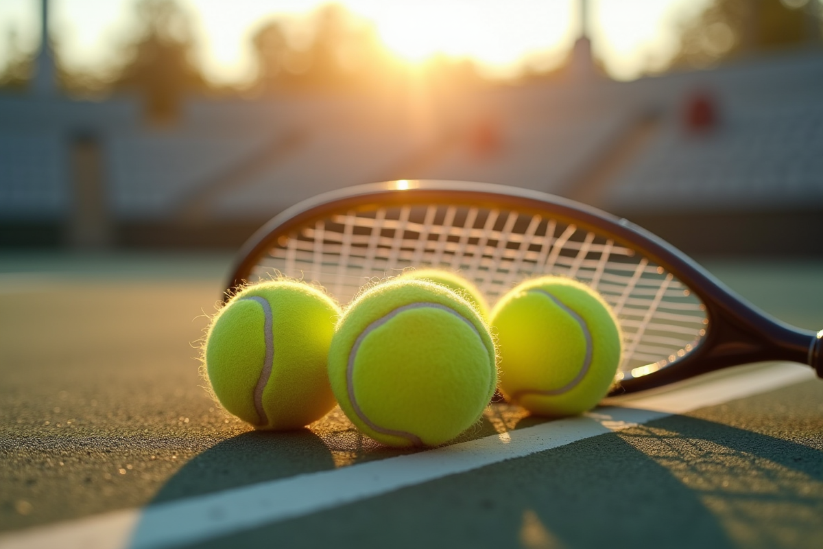 Raquette et balles de tennis au lever du soleil sur surface dure