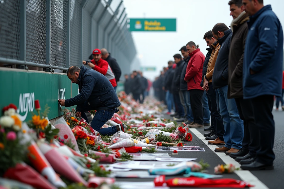 Rassemblement de fans de Formule 1 déposant des hommages floraux devant l'entrée d'un circuit