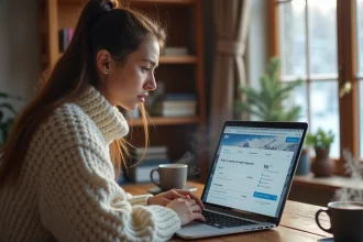 Femme réservant un forfait aux Menuires en ligne sur son ordinateur portable depuis son bureau à domicile