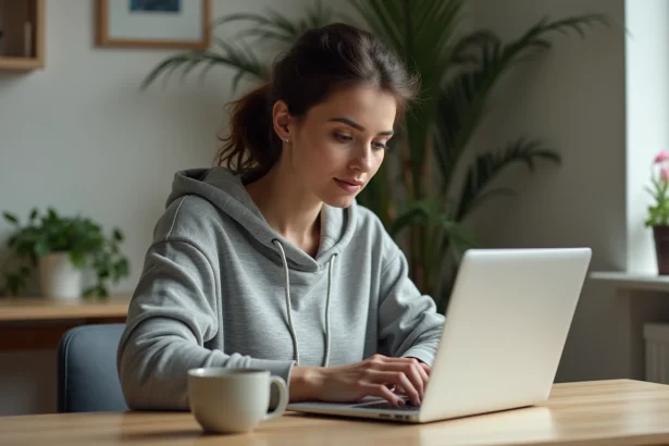 Femme rédigeant une lettre de résiliation de salle de sport en ligne sur un ordinateur portable à son bureau à domicile