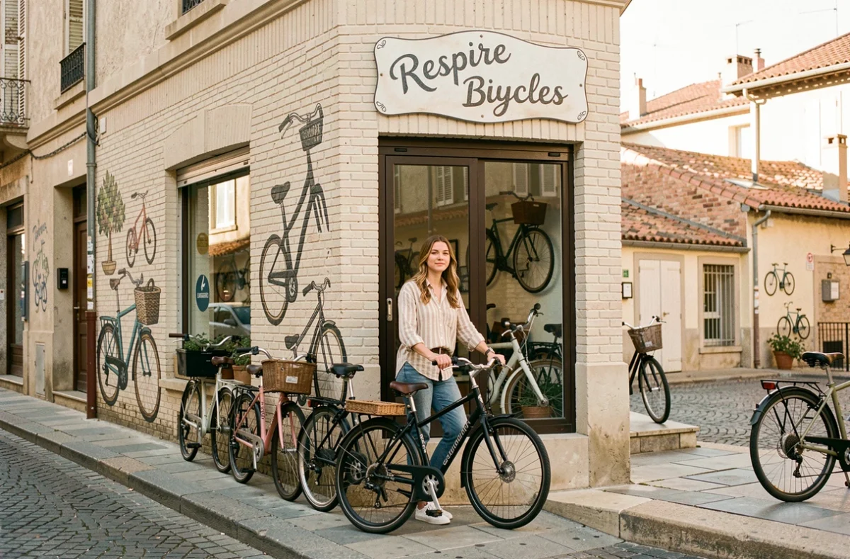 Devanture de la boutique Respire Bicycles à Toulouse avec une femme et son vélo de ville devant une façade en briques décorée de fresques cyclistes