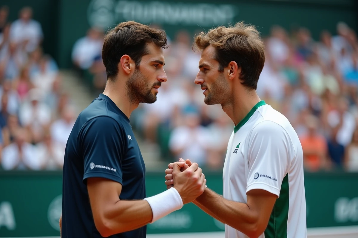 Deux jeunes joueurs de tennis professionnels se faisant face au filet avec intensité compétitive, illustrant les rivalités émergentes au-delà du duel Sinner-Alcaraz