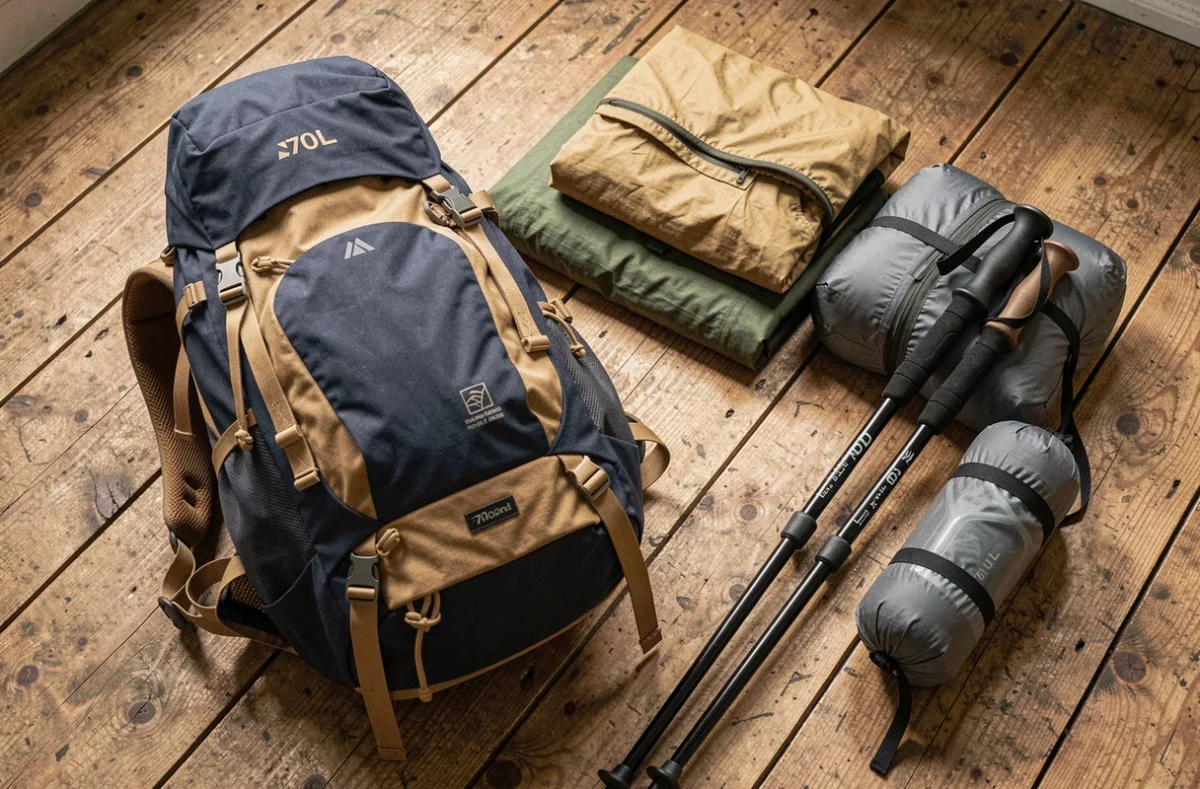 Sac à dos 70L ouvert posé au sol avec équipement de randonnée organisé autour