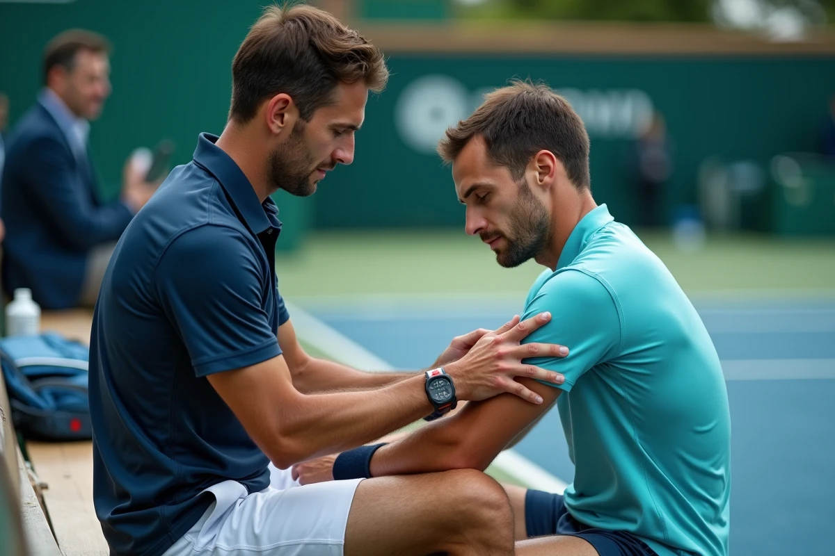 Joueur de tennis professionnel recevant des soins physiothérapeutiques pendant un changement de côté, illustrant la santé et la forme physique des top joueurs