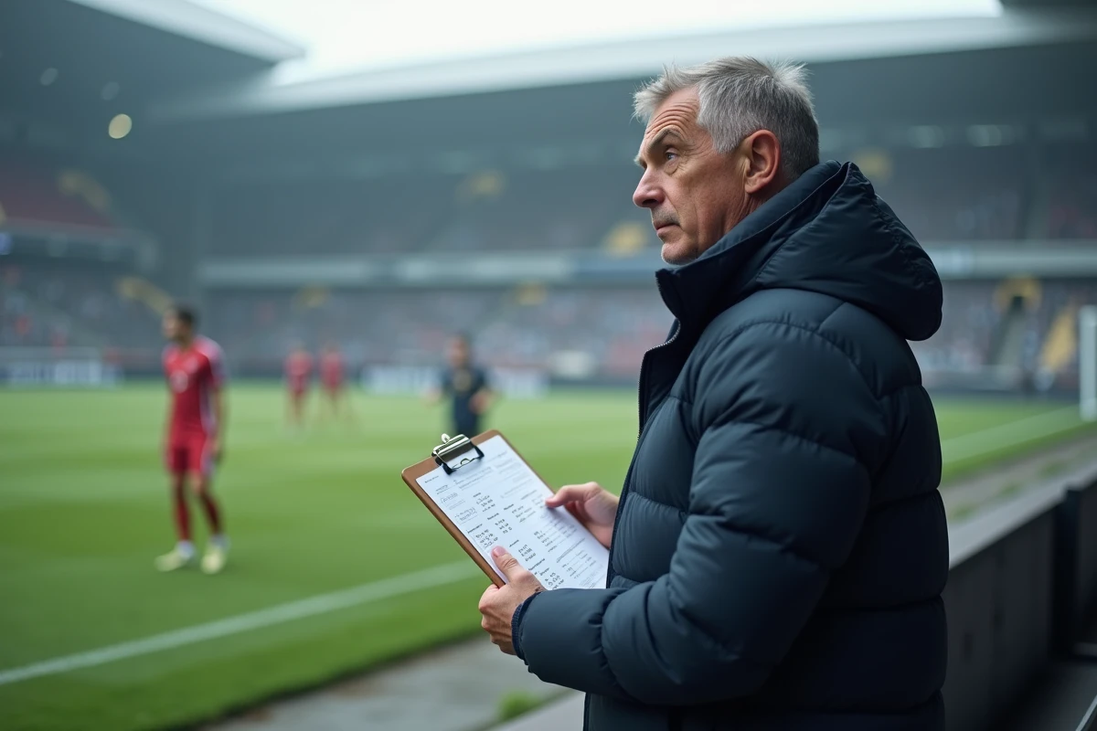 Scout de football professionnel analysant des statistiques de joueurs en bord de terrain lors d'une session d'entraînement au FC Nantes