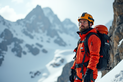 Secouriste montagne homme en uniforme sur une crête enneigee