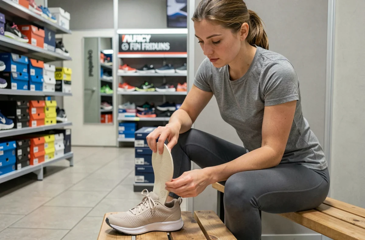 Jeune femme insérant une semelle orthopédique correctrice dans une chaussure de course pour corriger la pronation en magasin de sport