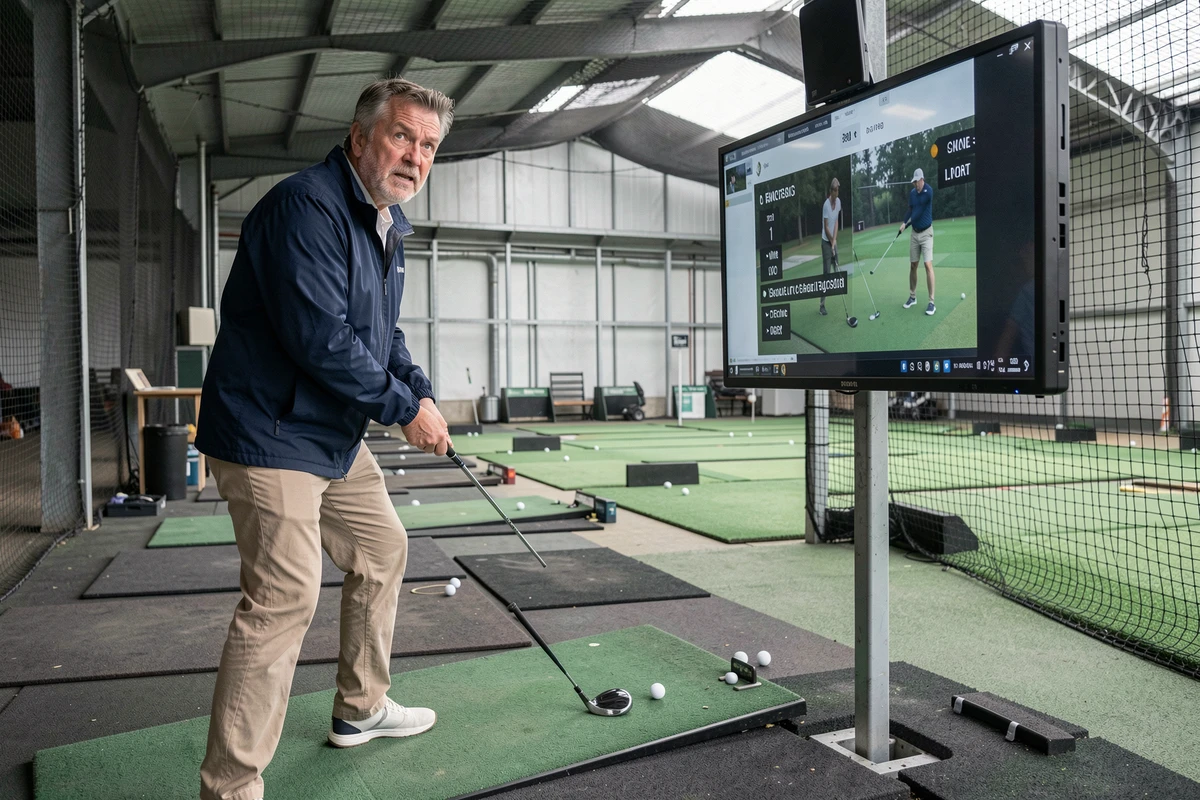 Homme senior débutant au practice de golf consultant un écran de conseils de swing au driving range