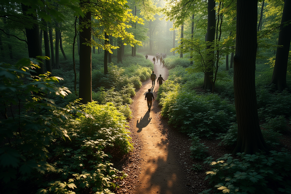 Groupe de personnes marchant sur un sentier forestier en fin d