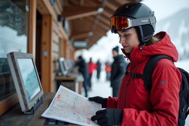 Skieuse consultant son forfait ski au guichet de la station de Pra Loup avant une journée sur les pistes