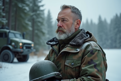 Soldat russe en uniforme d'hiver contemplant l'horizon