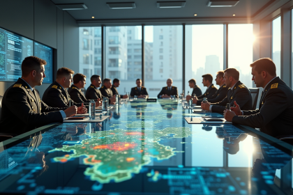 Salle de guerre moderne avec cartes digitales et officiers