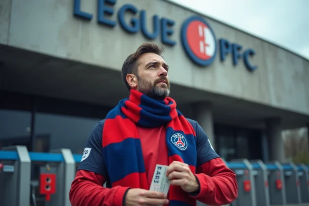 Supporter de Paris FC tenant son billet de match devant l'entrée du stade en Ligue 2