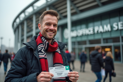Homme souriant avec écharpe de rugby devant un stade