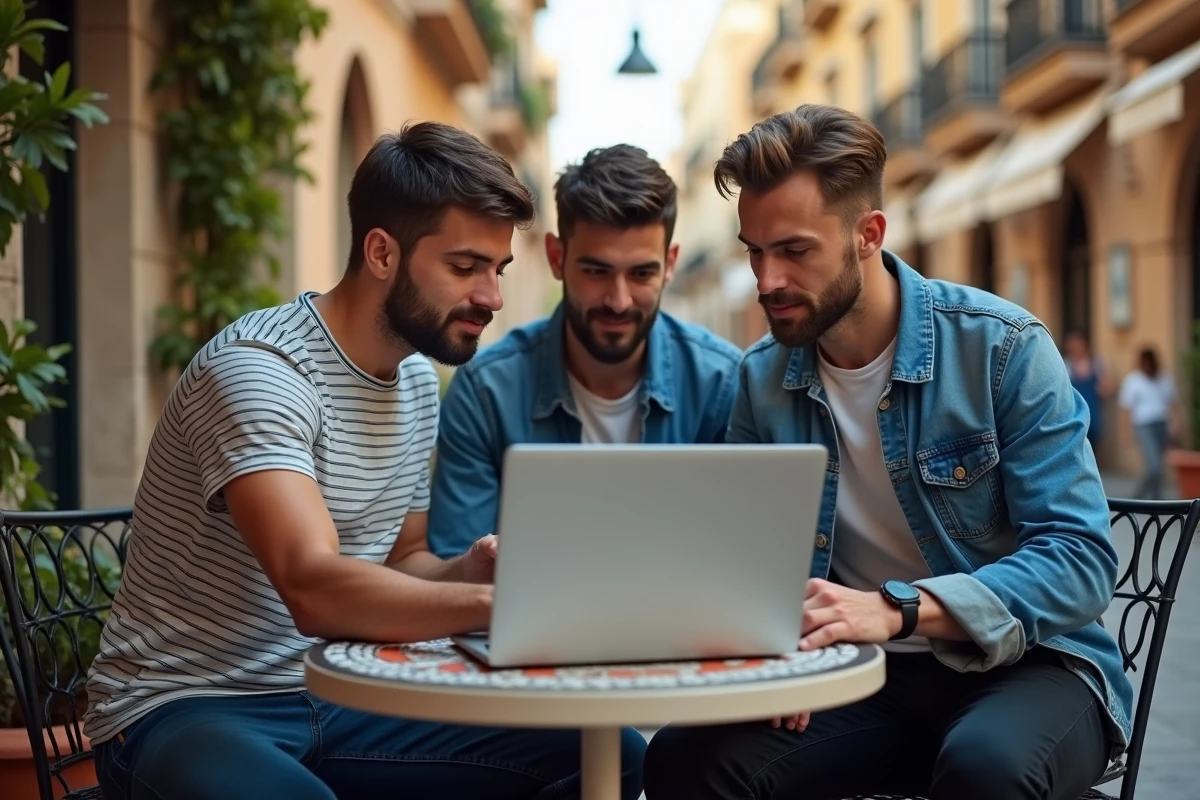 Groupe de supporters du FC Barcelone réunis en terrasse de café pour suivre les annonces du mercato en direct sur un ordinateur portable