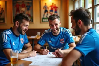 Supporters du Stade Brestois 29 débattant tactique autour d'une table dans une brasserie française
