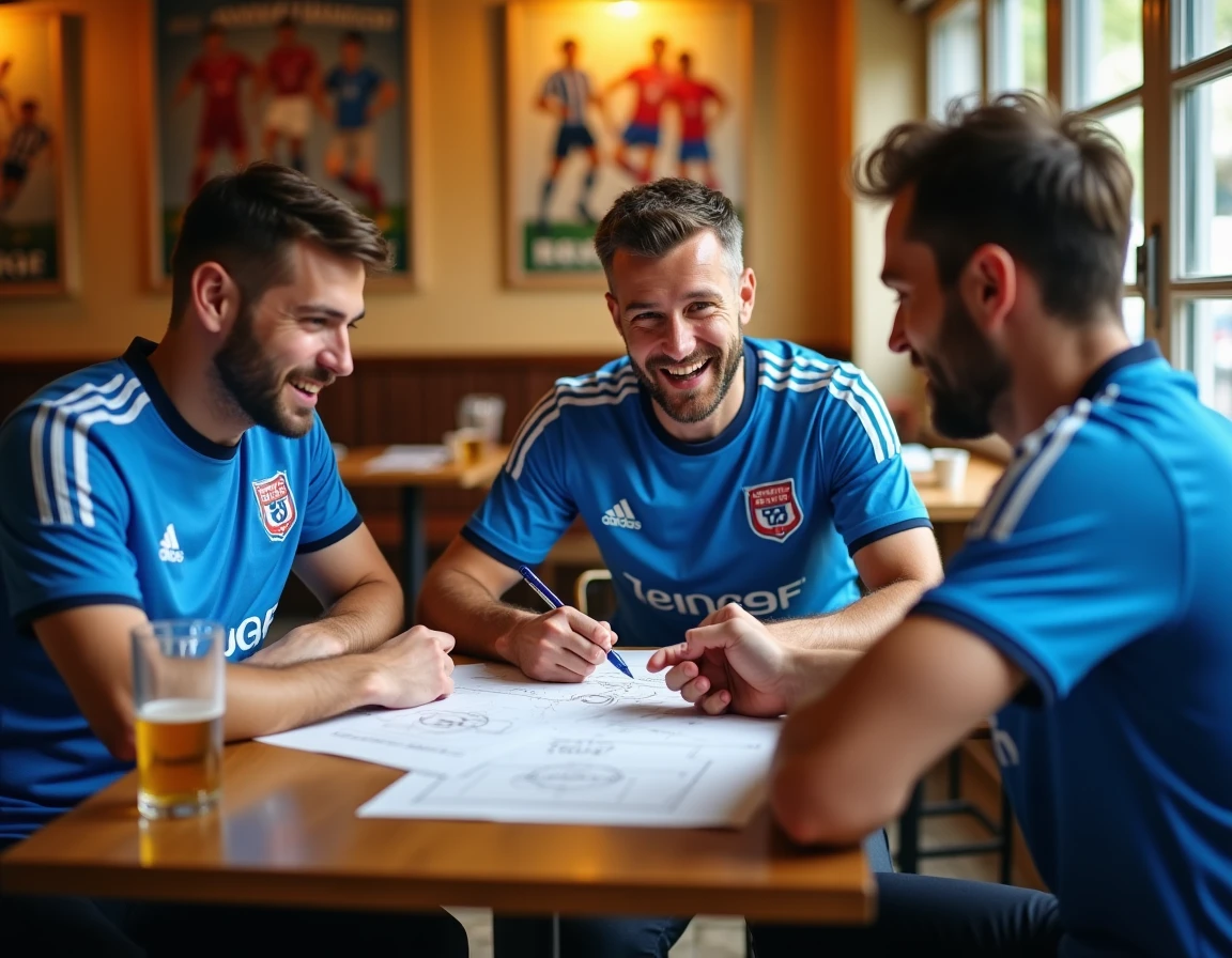 Supporters du Stade Brestois 29 débattant tactique autour d'une table dans une brasserie française