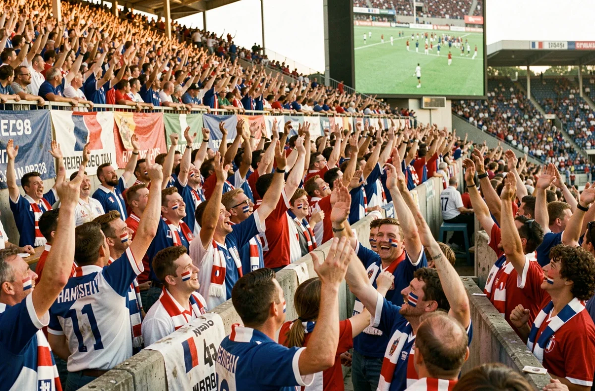 Supporters français en liesse dans une fan zone parisienne lors de la Coupe du monde 1998, visages peints aux couleurs tricolores