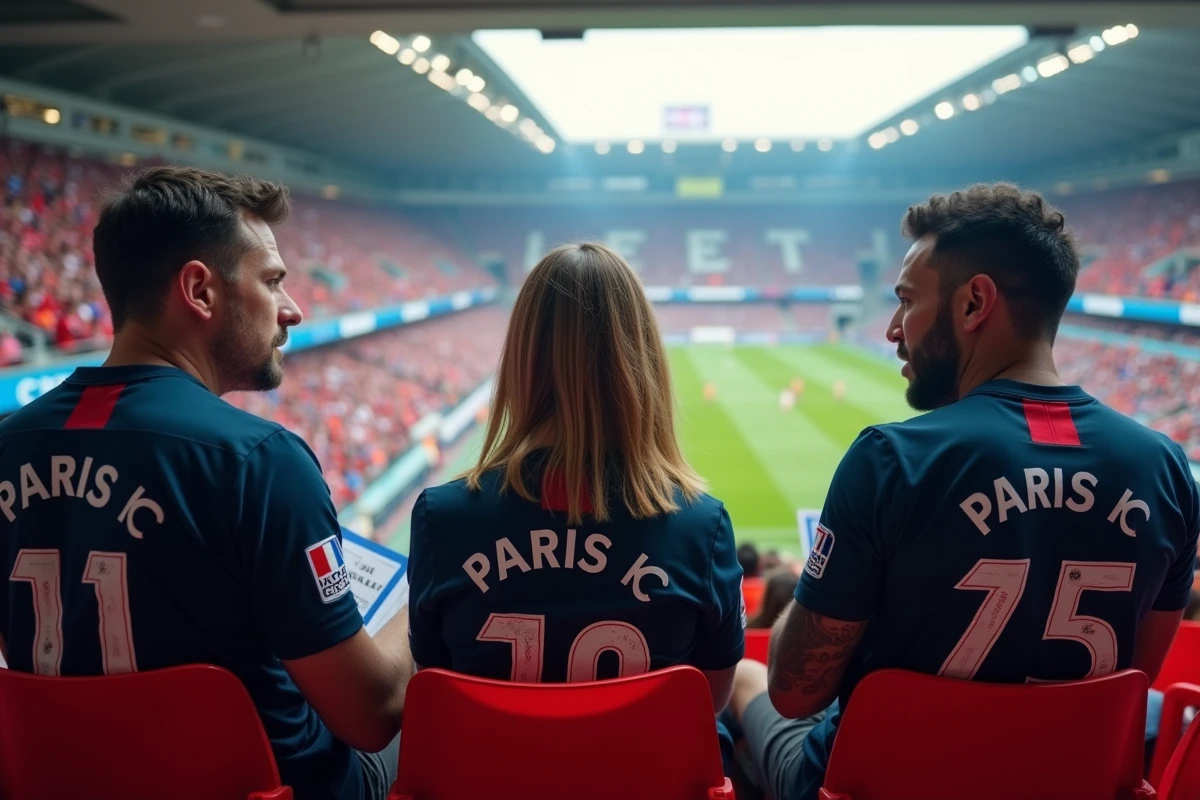 Groupe de supporters du Paris FC dans les tribunes du stade lors d'un match de Ligue 2