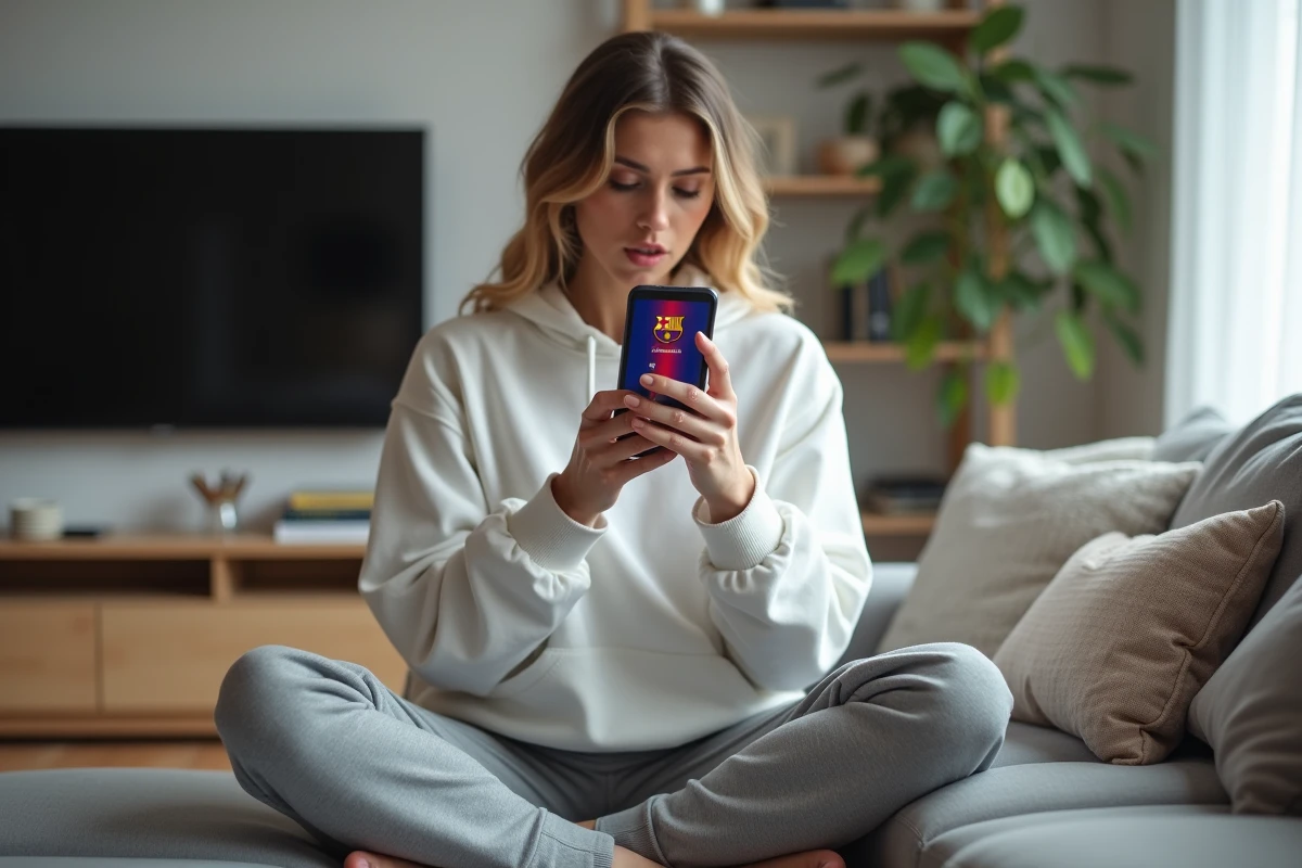 Supportrice du FC Barcelone suivant les transferts du mercato en direct sur son smartphone depuis son salon