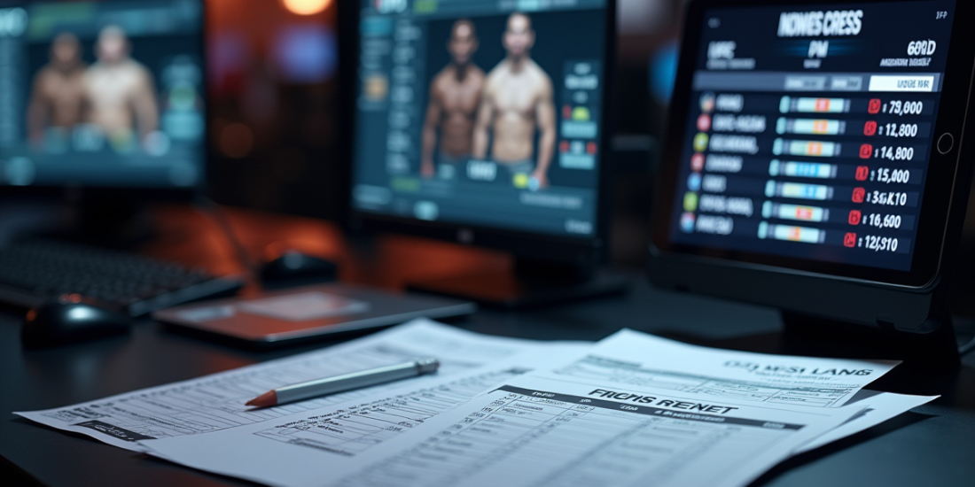 Bureau d'analyste sportif UFC avec papiers et scorecards