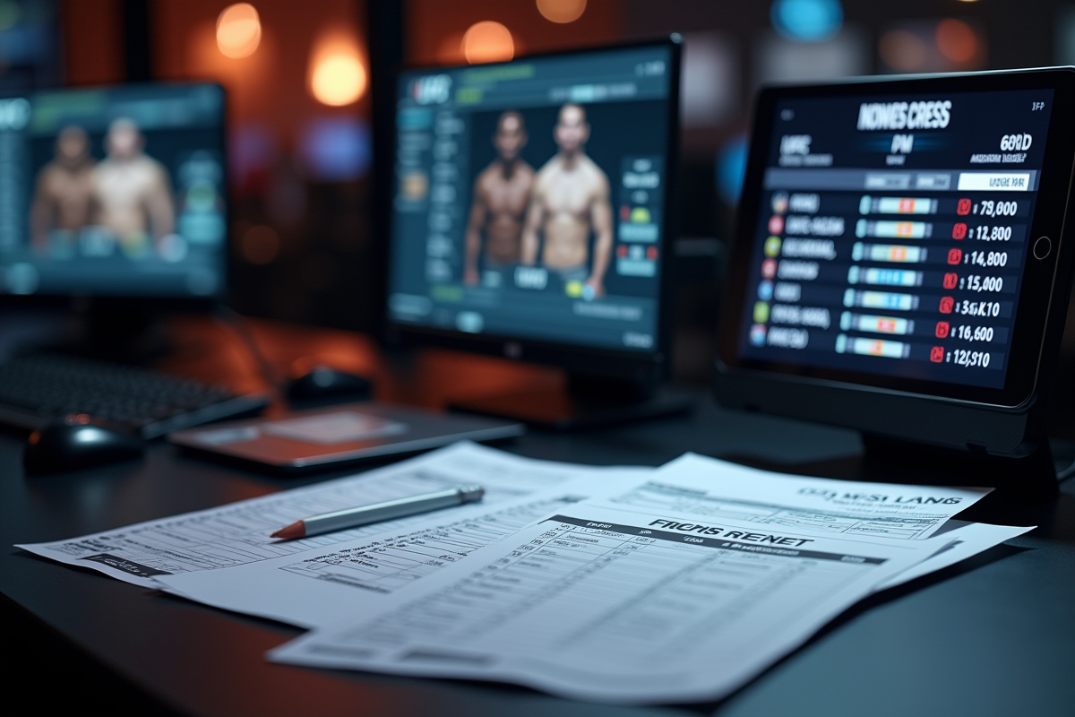 Bureau d'analyste sportif UFC avec papiers et scorecards