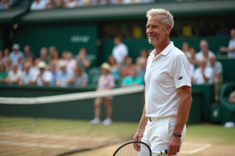 Tennis homme légende sur terre battue souriant