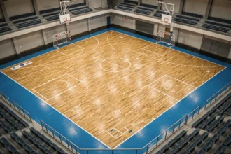 Vue aérienne d'un terrain de handball officiel avec toutes les lignes réglementaires visibles sur parquet en bois