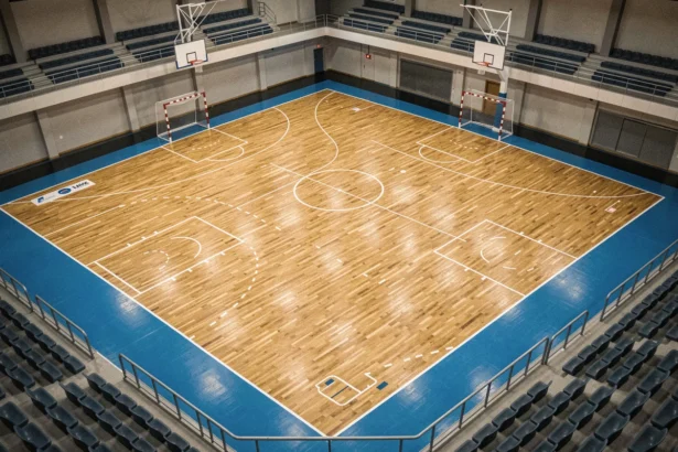 Vue aérienne d'un terrain de handball officiel avec toutes les lignes réglementaires visibles sur parquet en bois