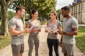 Groupe de coachs sportifs professionnels réunis dans un parc de la Sarthe, illustrant le top 10 des coachs de la région en 2026