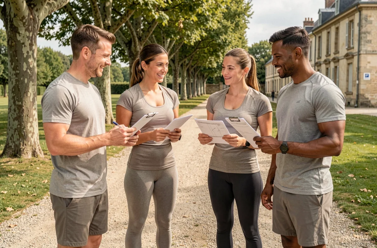 Groupe de coachs sportifs professionnels réunis dans un parc de la Sarthe, illustrant le top 10 des coachs de la région en 2026