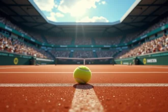Vue grand angle d'un stade de tennis professionnel rempli de spectateurs, symbolisant l'univers du circuit ATP et WTA 2026