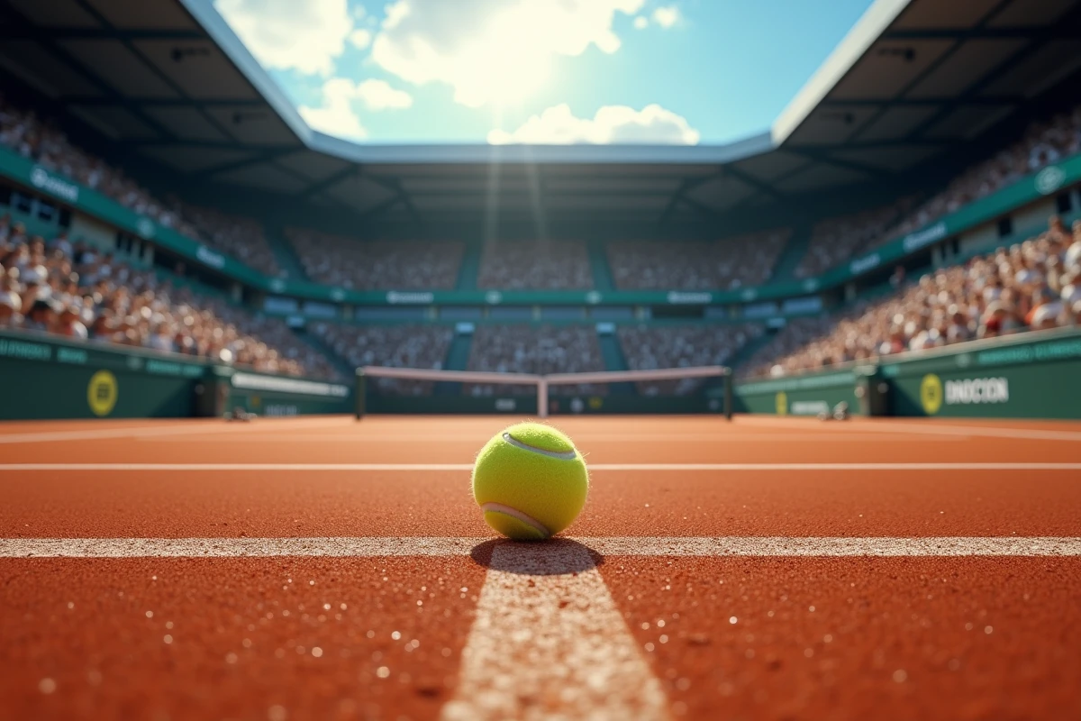 Vue grand angle d'un stade de tennis professionnel rempli de spectateurs, symbolisant l'univers du circuit ATP et WTA 2026