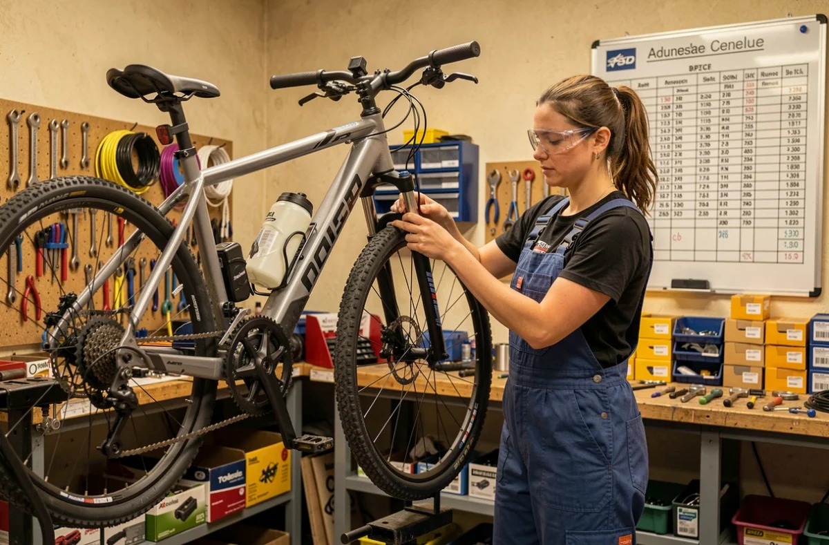 Technicienne de Vélo Station Toulouse réglant les dérailleurs d'un vélo en atelier, entourée d'outils de précision et de composants cyclistes