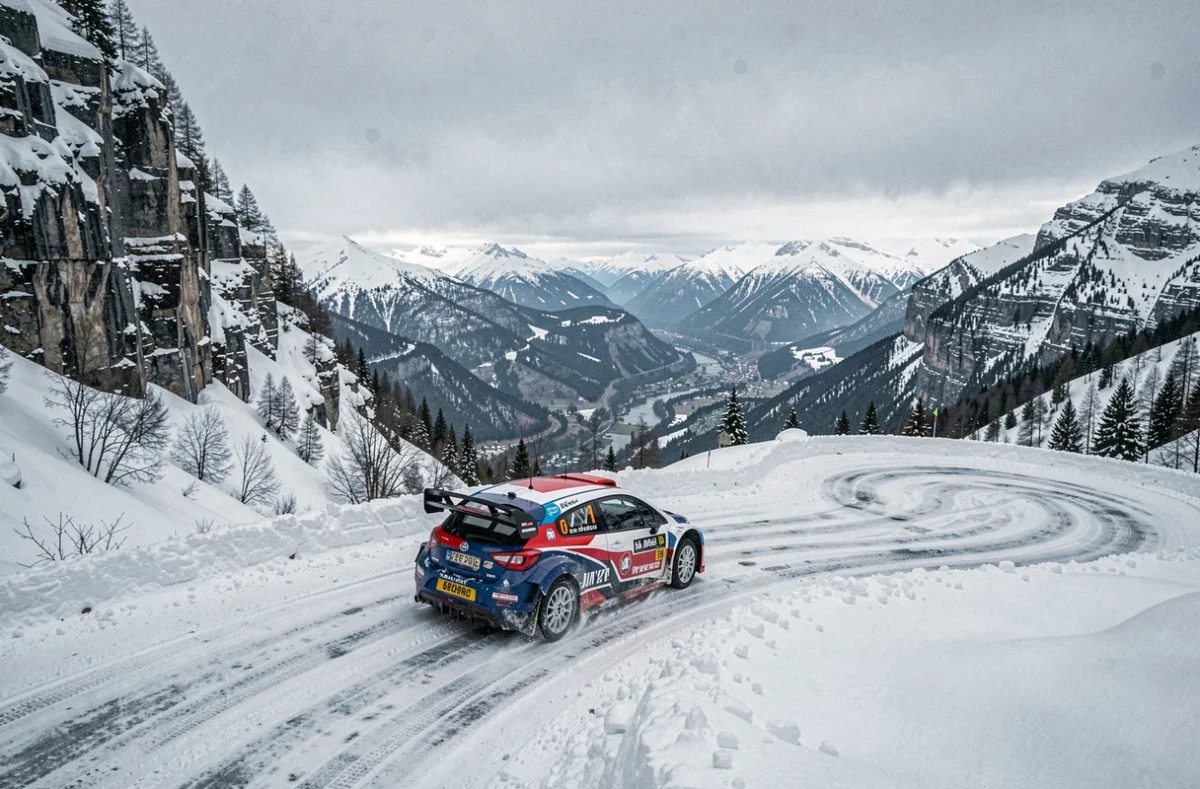 Voiture de rallye WRC sur une spéciale enneigée en montagne lors d'une manche hivernale du calendrier 2026
