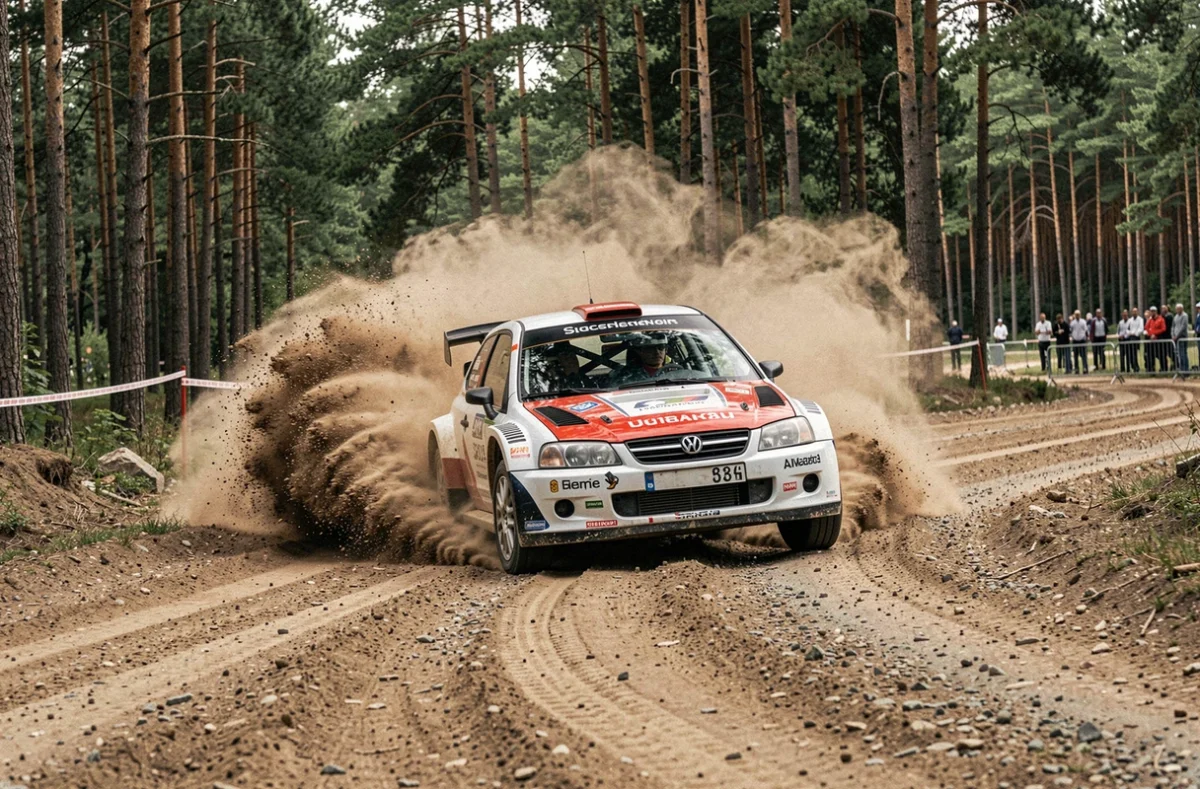 Voiture de rallye WRC en dérapage sur une spéciale forestière en gravier lors du calendrier 2026