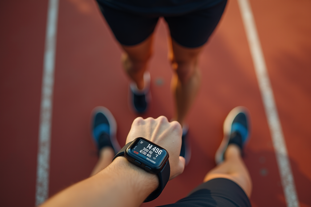 Jambes de coureur avec montre connectée affichant 30000 pas